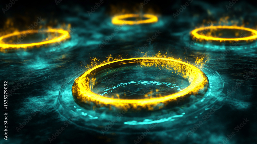 Poster dynamic circular fire and water visual effect. a mesmerizing display of fiery rings above a blue wat