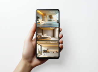 Cutting-edge home automation, hand holding phone showing a sophisticated surveillance interface