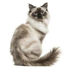 Fluffy cat with blue eyes sitting on white background