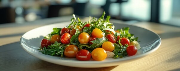 A fresh salad with cherry tomatoes and arugula on a sunlit table.