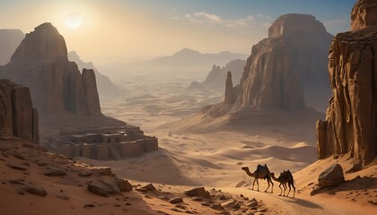Camels Trekking Through Desert Landscape at Sunrise with Rocky Mountains