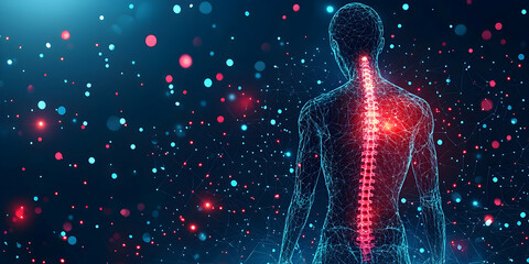 Digital Representation of a Human Spine Illustrating Scoliosis and Physiotherapy Concepts with Vibrant Neon Colors and Dynamic Visual Effects