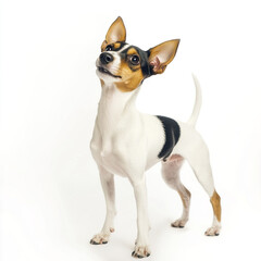 Playful Toy Fox Terrier standing eagerly on white background