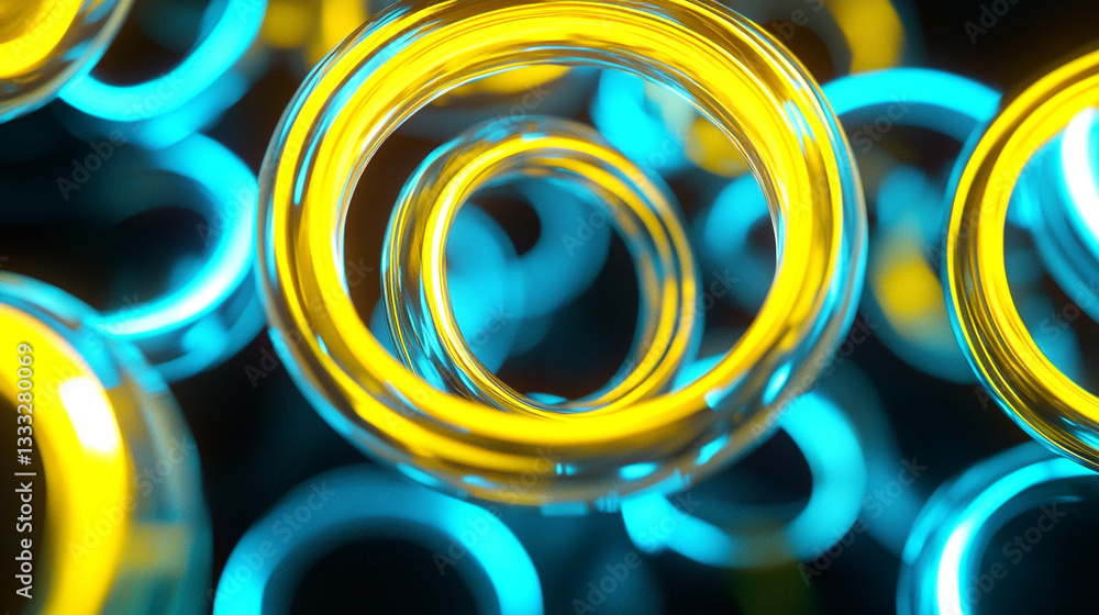 Aufkleber abstract glowing circular patterns in vibrant yellow and blue colors. vivid circular shapes in yello