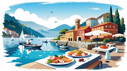 Fototapeta premium Enjoy fresh seafood at one of La Spezia's many waterfront restaurants, savoring the flavors of the Ligurian coast.