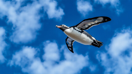 スカイダイビングするペンギン、翼を広げて空を飛んでいるかのような幻想的な瞬間