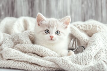 Adorable fluffy kitten nestled in a soft, cream knitted blanket with curious blue eyes gazing forward.