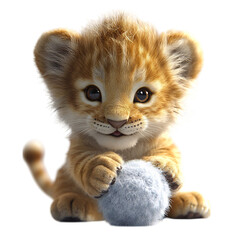 A Fluffy 3D Lion Cub with Soft Fluffy Mane Playing Isolated on Transparent Background