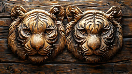 Intricately carved wooden tiger heads displayed against a rustic background, showcasing craftsmanship
