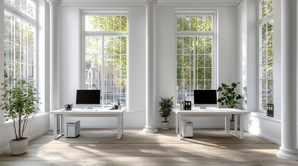 Fototapeta premium Bright Modern Office Space with Two Desks, Green Plants, and Large Windows for Creative Work Environment