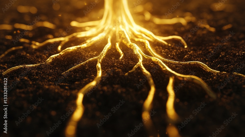 Poster glowing roots of a tree in dark soil, illuminated by warm light, symbolizing growth and connection t