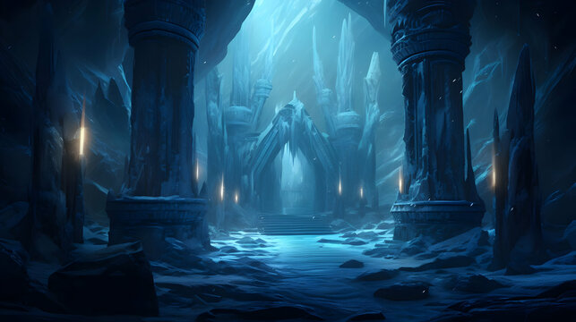 A frozen ruin is shown, with columns supporting a temple made of ice