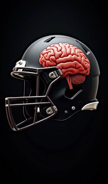 Black football helmet holds a pink human brain inside on a dark background. Concept of concussion awareness campaigns, sports medicine clinics, and youth football safety guides.