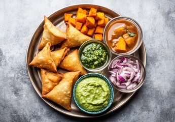 Delicious Plate of Samosas with Assorted Dips and Fresh Vegetables on a Rustic Background