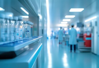Fototapeta premium Laboratory setting with scientists in white coats and vials on a shelf, depicting a high-tech research environment.