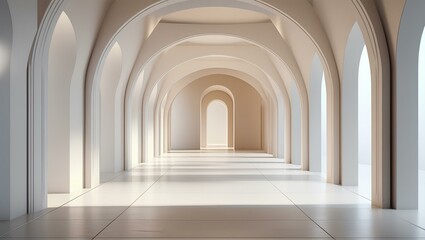 A long white hallway featuring arches, illuminated by natural light streaming through the openings