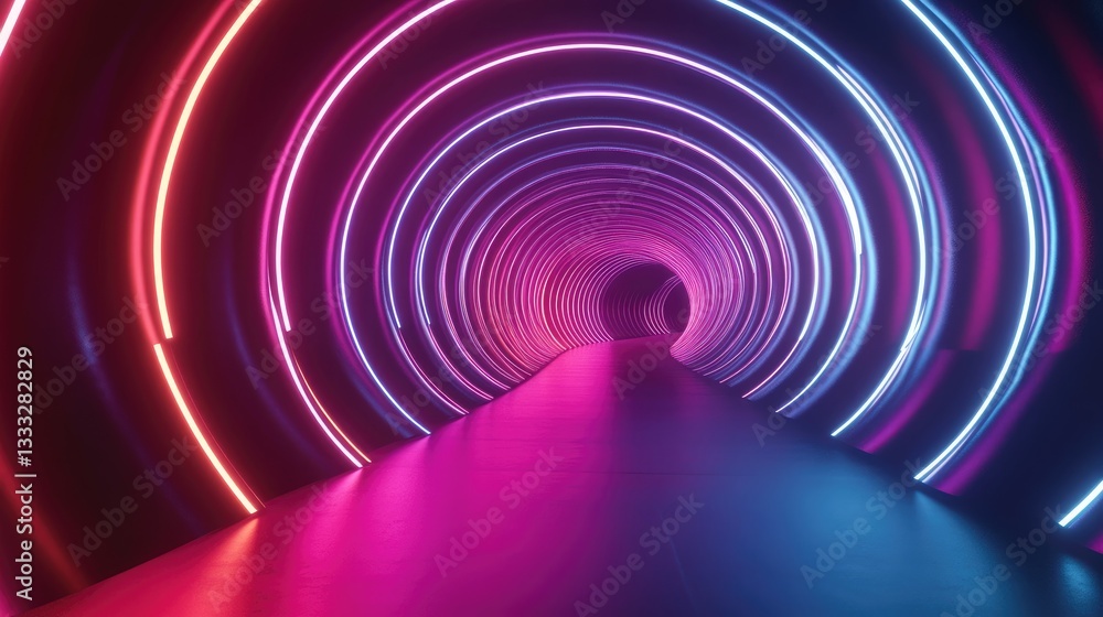 Poster futuristic neon tunnel with vibrant lights and smooth pathway enhancing depth and perspective in a m