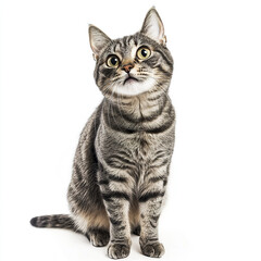 Obraz premium short haired grey striped cat sitting with curious expression