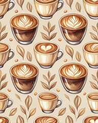 Obraz premium seamless pattern watercolor Coffee and desserts concept. Coffee cups arranged artistically with leaves in a warm, inviting pattern.