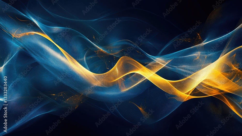Poster abstract wave patterns in blue and gold on a dark background for creative designs and digital art pr