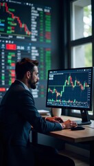 Businessman sitting at desk with computer screen displaying stock market data, data analysis, stock market