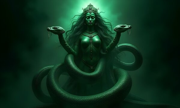 Manasa Devi, the Serpent Goddess, Surrounded by Coiled Cobras with a Divine Aura