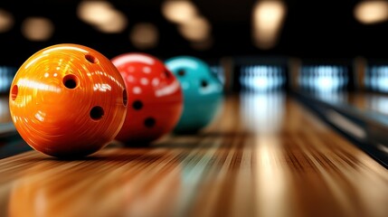 Bowling balls on lane in dark bowling alley