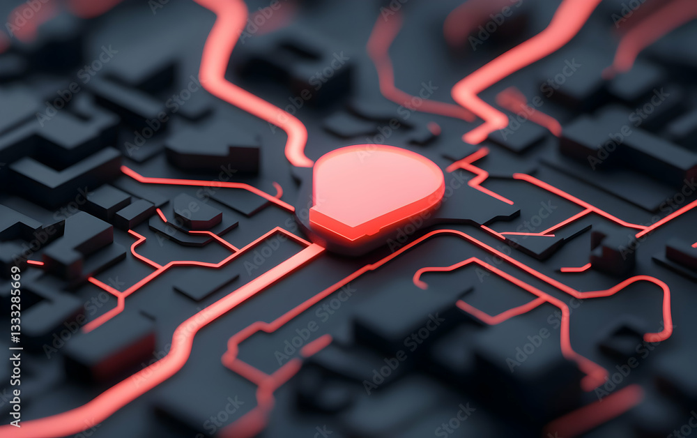 Poster abstract futuristic circuit board with red glowing lines
