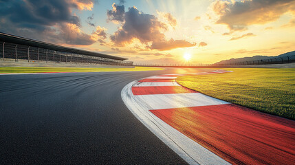 The racing track is located on the grass, with an open sky and a red and white line running through it