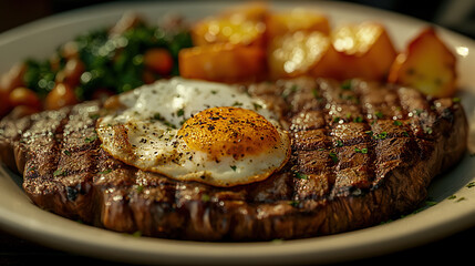 A delicious plate of steak and eggs.