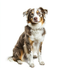 young Australian Shepherd with fluffy coat sits attentively