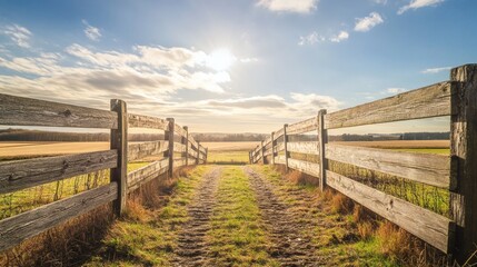 Fototapeta premium A wooden fence leads into a peaceful sunny country field