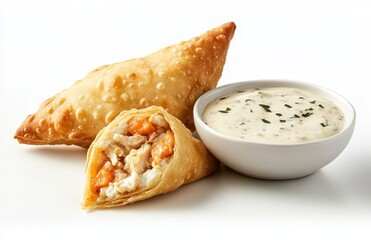 Delicious savory pastry filled with chicken and shrimp served with creamy dipping sauce on a clean white background