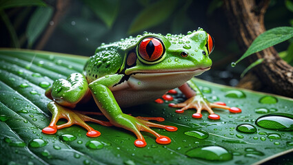 Fototapeta premium Macro Photography of a Red-Eyed Tree Frog with Green Skin and Orange Feet