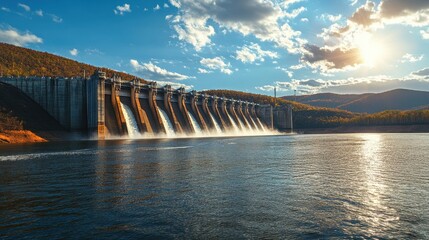 Scenic View of Large Dam with Water Flowing at Sunset