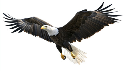 Naklejka premium Bald eagle soaring with wings spread wide on white background