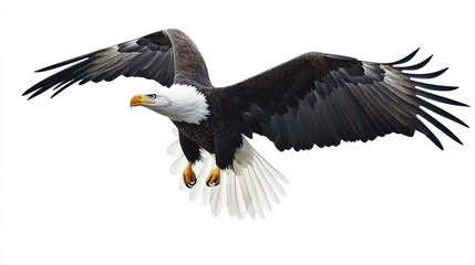 Bald eagle soaring with wings spread wide on white background