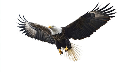 Fototapeta premium Bald eagle soaring with wings spread wide on white background