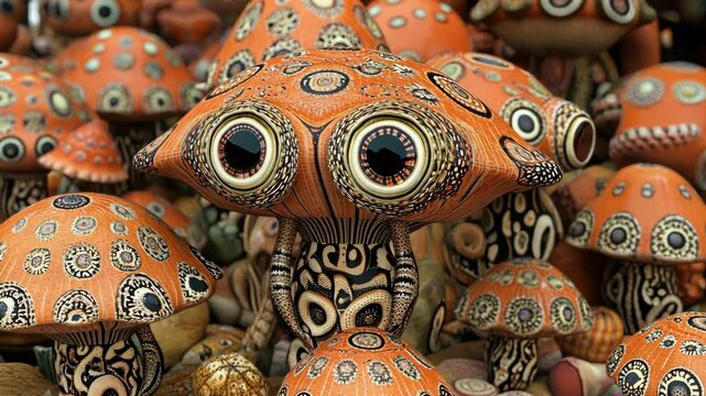 Unique orange mushrooms with intricate patterns displayed in a vibrant forest setting during daytime