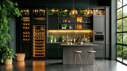 Dark green modern kitchen with wine cellar, plants, and city view