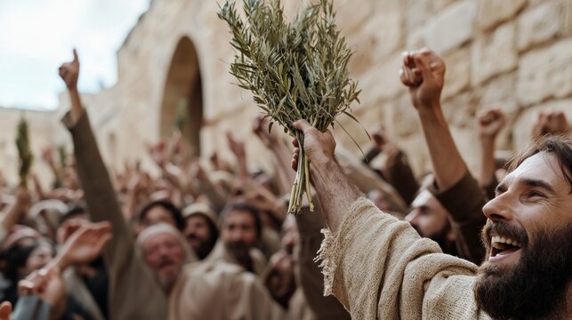 Sacred entry: Palm Sunday, Jesus Christ's arrival, Jerusalem celebration, joyous crowds, palm branches, religious event, biblical tradition, holy journey, spiritual triumph, divine arrival.