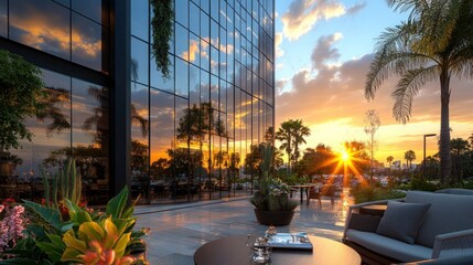 Sunset patio of modern building with outdoor dining