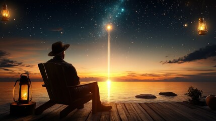 Man contemplates sunrise over water, starlit sky, with rocket launch in background
