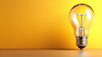 Illuminated lightbulb on wooden surface against bright yellow background