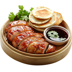 A Chinese Peking Duck with Crispy Skin Pancakes and Accompaniments Isolated on Transparent Background