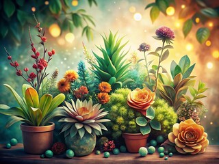 Vintage Botanical Illustration: Textured Background with Bokeh Effect