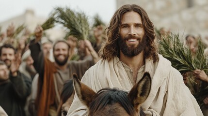Divine procession: Palm Sunday, Jesus entry, Jerusalem streets, crowds rejoicing, palm branches raised, biblical moment, religious symbolism, sacred event, holy celebration, faith in action.