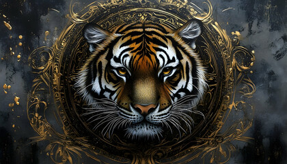 Majestic tiger head illustration surrounded by ornate golden patterns on a dark, textured background