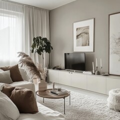A modern and cozy living room with stylish decor elements