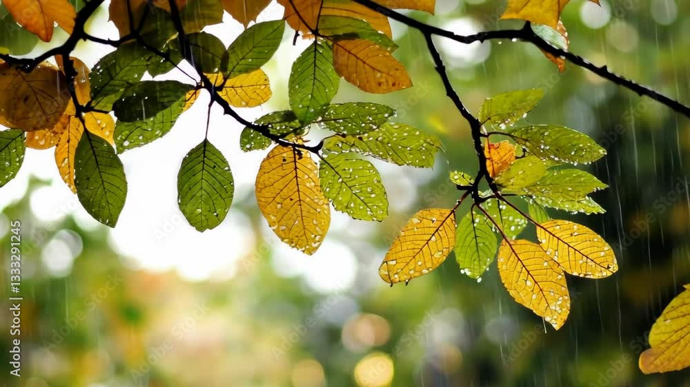 Poster raindrops fall on autumn leaves creating a serene and vibrant color display in a natural setting